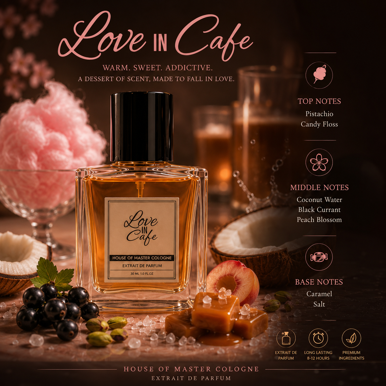 A square glass perfume bottle labeled 'Love in Cafe' with amber liquid and a black cap, centered in a styled fragrance advertisement. The scene includes pink cotton candy, a glass of amber drink, coconuts, blueberries, caramel, and notes listed on the right side with top, middle, and base scents.