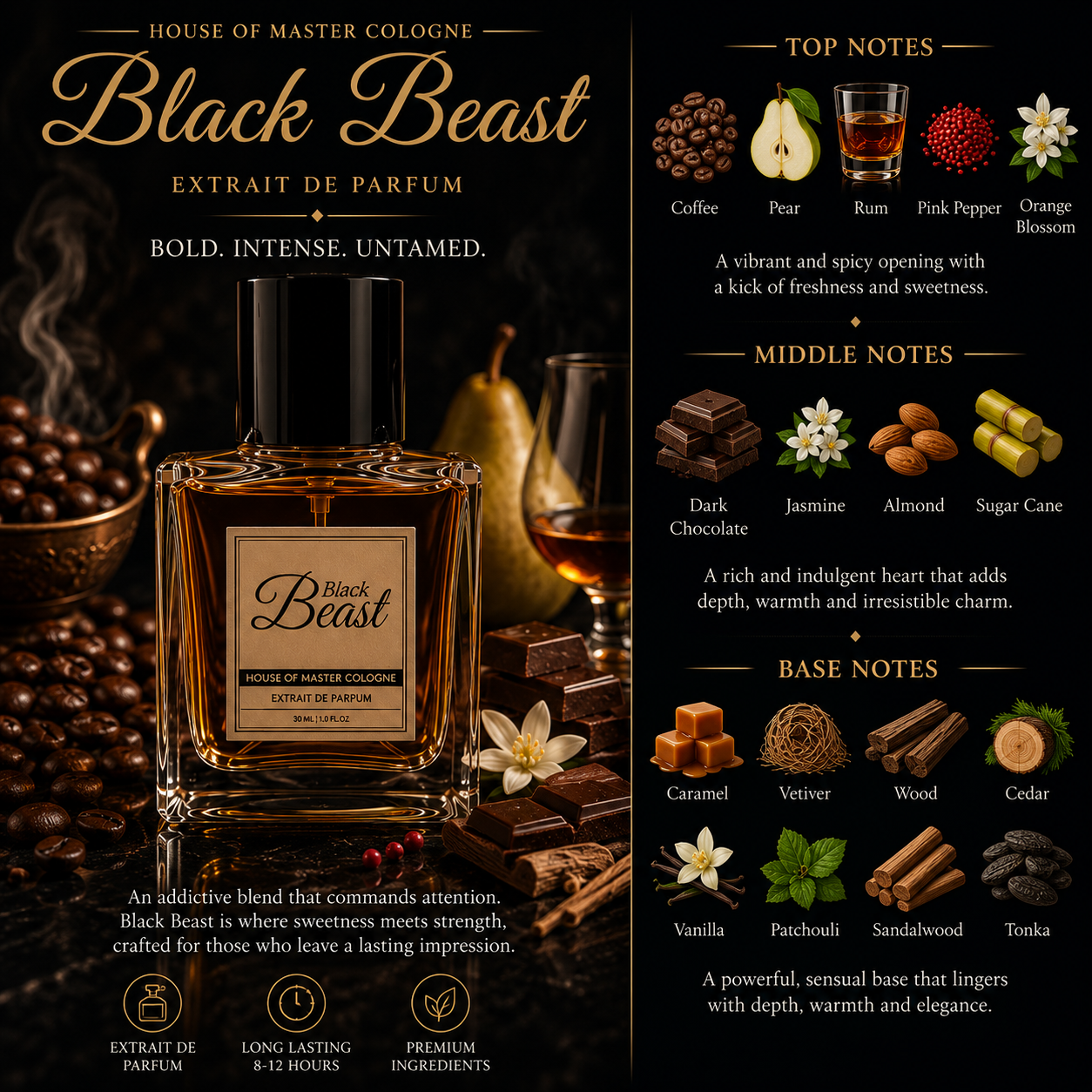 A promotional graphic for House of Master Cologne Black Beast Extrait de Parfum. The image features a large, clear glass bottle of the dark amber liquid in the center, surrounded by dark chocolate pieces, spices, and a glass of whiskey on a dark background.